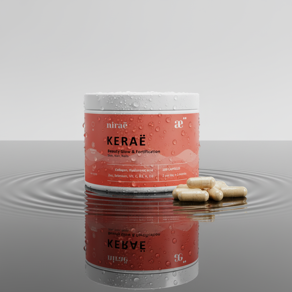 Nirae Wellness Lab, Kerae supplement capsules, Beauty Skin glow, Hair and nails fortification, Collagen, Hyaluronic Acid, Zinc, Selenium, Vitamin C B3 A D3. European premium vegan & natural supplements, Science-Proven, Nature-Rooted, Lab-Crafted, crafted with science & nature.