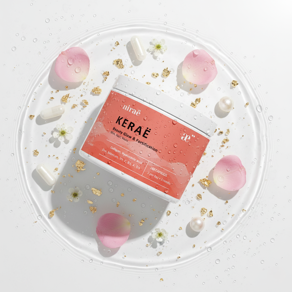Nirae Wellness Lab, Kerae supplement capsules, Beauty Skin glow, Hair and nails fortification, Collagen, Hyaluronic Acid, Zinc, Selenium, Vitamin C B3 A D3. European premium vegan & natural supplements, Science-Proven, Nature-Rooted, Lab-Crafted, crafted with science & nature.
