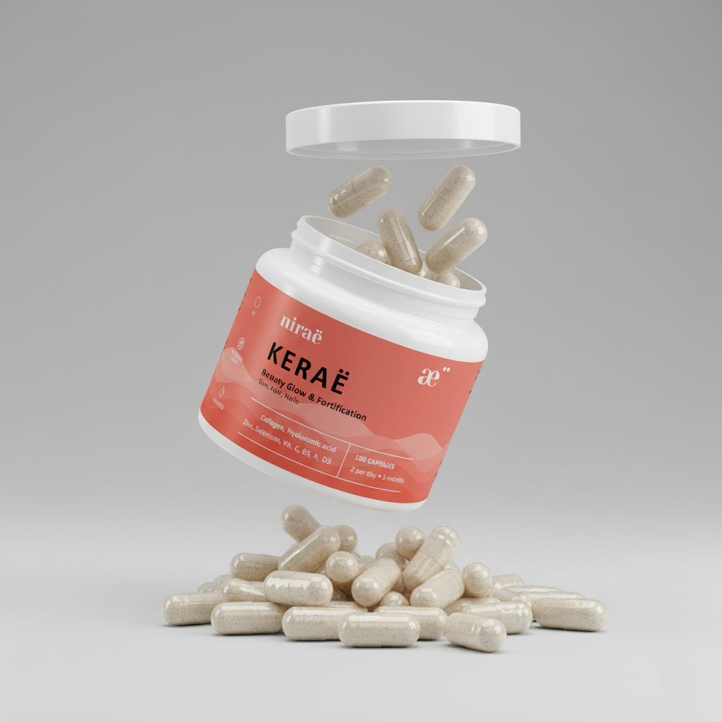 Nirae Wellness Lab, Kerae supplement capsules, Beauty Skin glow, Hair and nails fortification, Collagen, Hyaluronic Acid, Zinc, Selenium, Vitamin C B3 A D3. European premium vegan & natural supplements, Science-Proven, Nature-Rooted, Lab-Crafted, crafted with science & nature.