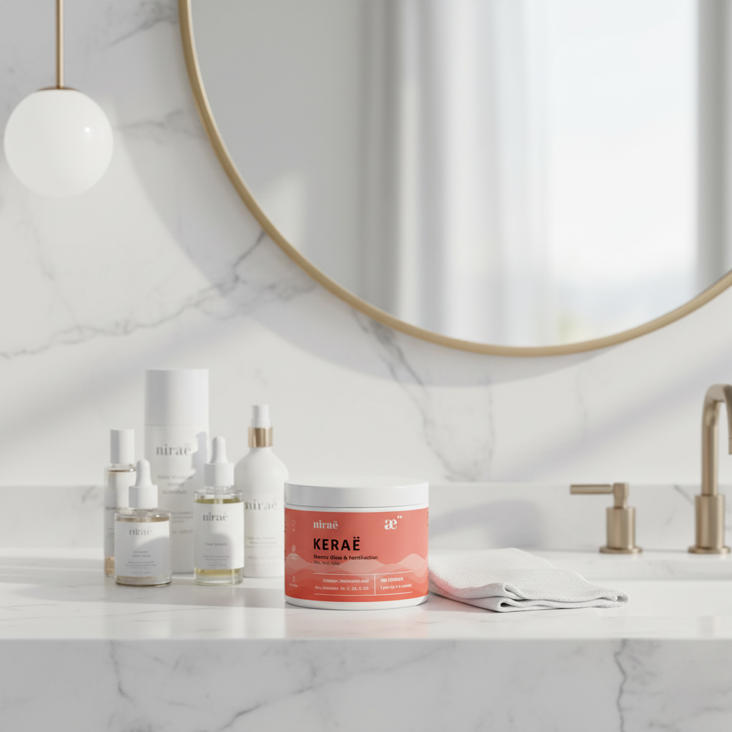 Nirae Wellness Lab, Kerae supplement capsules, Beauty Skin glow, Hair and nails fortification, Collagen, Hyaluronic Acid, Zinc, Selenium, Vitamin C B3 A D3. European premium vegan & natural supplements, Science-Proven, Nature-Rooted, Lab-Crafted, crafted with science & nature.