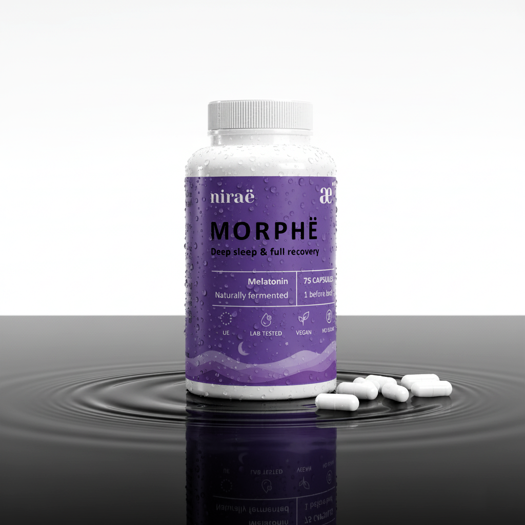 Nirae Wellness Lab, Morphe supplement capsules, Deep sleep and full recovery, Melatonin. European premium vegan & natural supplements, Science-Proven, Nature-Rooted, Lab-Crafted, crafted with science & nature.