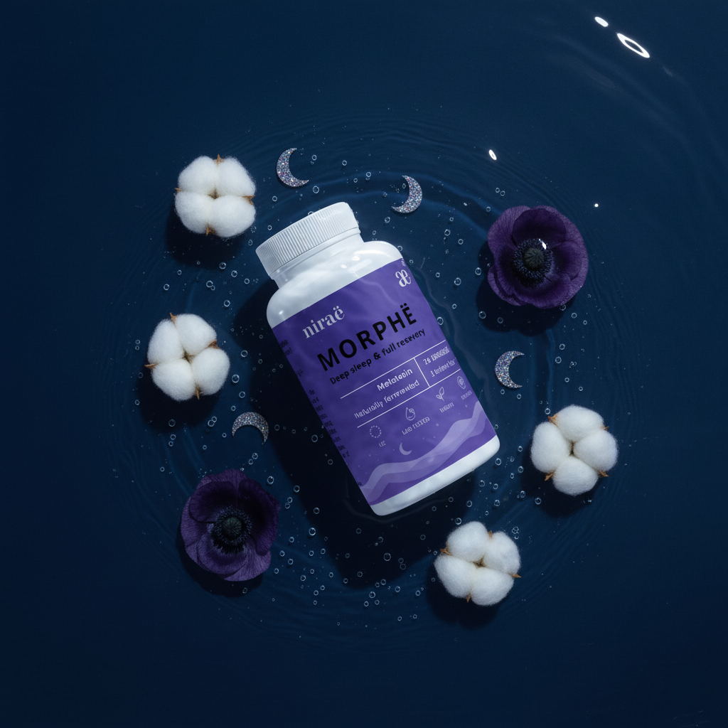 Nirae Wellness Lab, Morphe supplement capsules, Deep sleep and full recovery, Melatonin. European premium vegan & natural supplements, Science-Proven, Nature-Rooted, Lab-Crafted, crafted with science & nature.