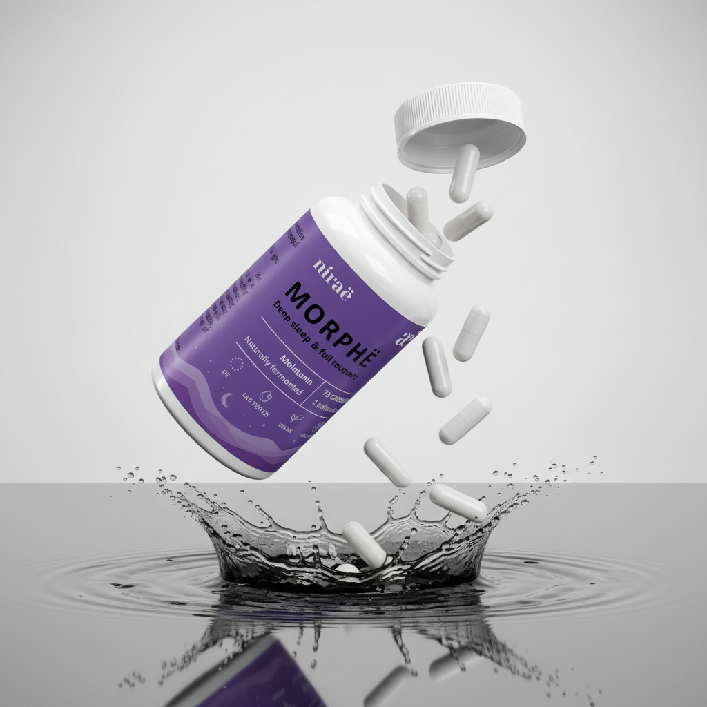 Nirae Wellness Lab, Morphe supplement capsules, Deep sleep and full recovery, Melatonin. European premium vegan & natural supplements, Science-Proven, Nature-Rooted, Lab-Crafted, crafted with science & nature.