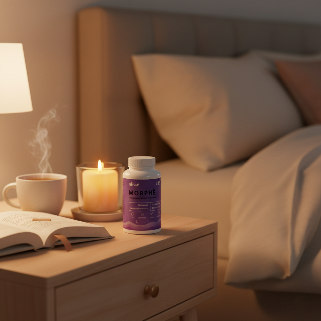 Nirae Wellness Lab, Morphe supplement capsules, Deep sleep and full recovery, Melatonin. European premium vegan & natural supplements, Science-Proven, Nature-Rooted, Lab-Crafted, crafted with science & nature.