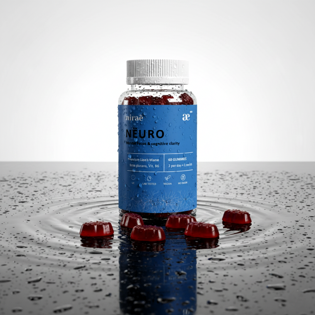 Nirae Wellness Lab, Neuro supplement gummies, Mental focus and cognitive clarity, Lion's Mane and Vitamin B6. European premium vegan & natural supplements, Science-Proven, Nature-Rooted, Lab-Crafted, crafted with science & nature.