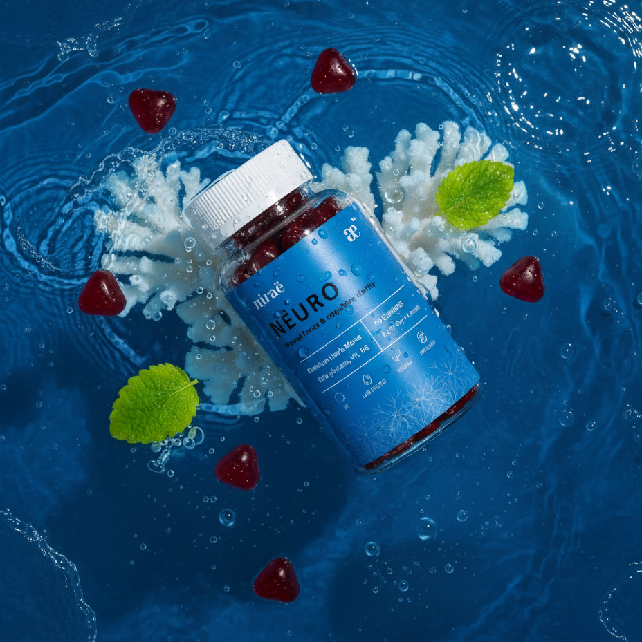 Nirae Wellness Lab, Neuro supplement gummies, Mental focus and cognitive clarity, Lion's Mane and Vitamin B6. European premium vegan & natural supplements, Science-Proven, Nature-Rooted, Lab-Crafted, crafted with science & nature.