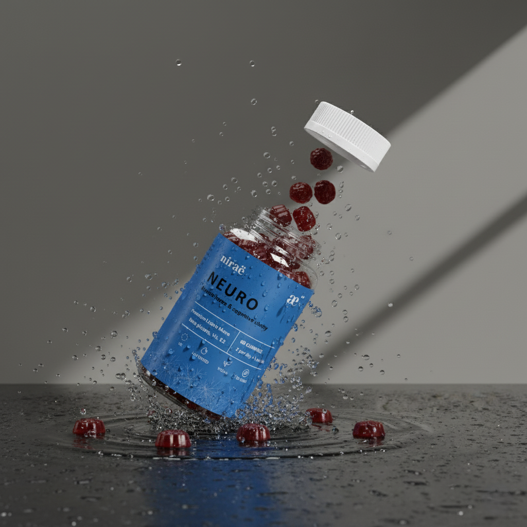 Nirae Wellness Lab, Neuro supplement gummies, Mental focus and cognitive clarity, Lion's Mane and Vitamin B6. European premium vegan & natural supplements, Science-Proven, Nature-Rooted, Lab-Crafted, crafted with science & nature.