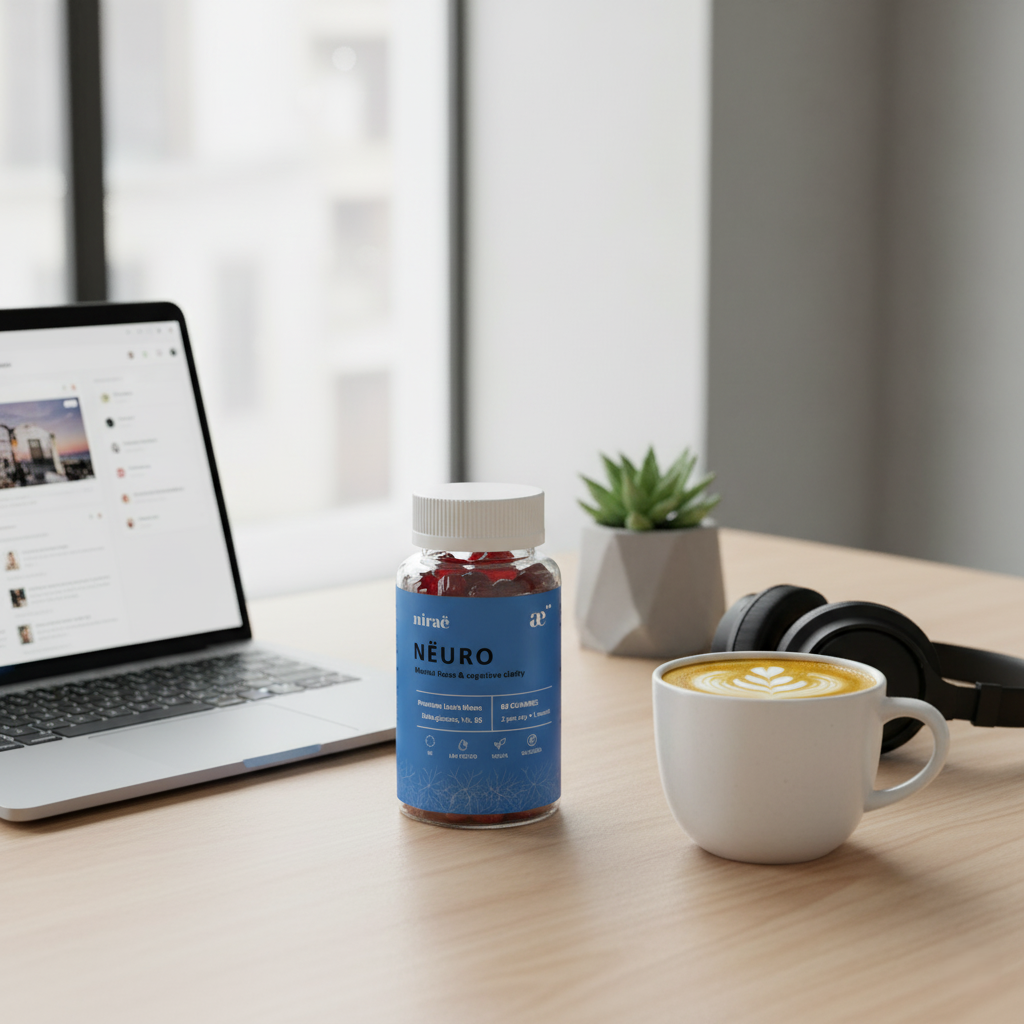 Nirae Wellness Lab, Neuro supplement gummies, Mental focus and cognitive clarity, Lion's Mane and Vitamin B6. European premium vegan & natural supplements, Science-Proven, Nature-Rooted, Lab-Crafted, crafted with science & nature.