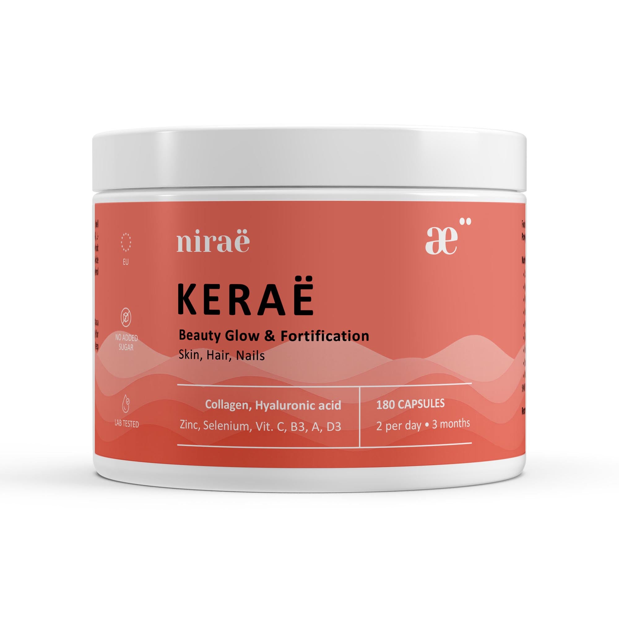 Nirae Wellness Lab, Kerae supplement capsules, Beauty Skin glow, Hair and nails fortification, Collagen, Hyaluronic Acid, Zinc, Selenium, Vitamin C B3 A D3. European premium vegan & natural supplements, Science-Proven, Nature-Rooted, Lab-Crafted, crafted with science & nature.