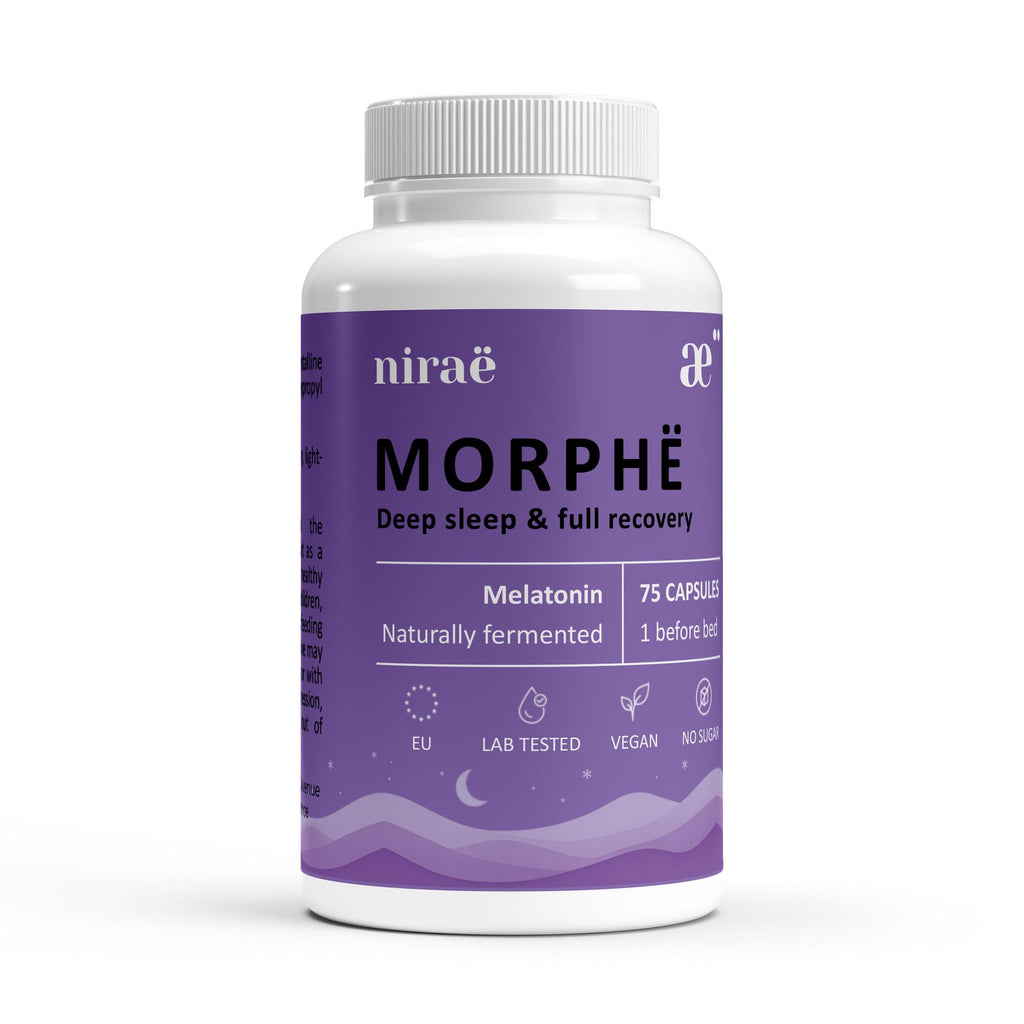 Nirae Wellness Lab, Morphe supplement capsules, Deep sleep and full recovery, Melatonin. European premium vegan & natural supplements, Science-Proven, Nature-Rooted, Lab-Crafted, crafted with science & nature.