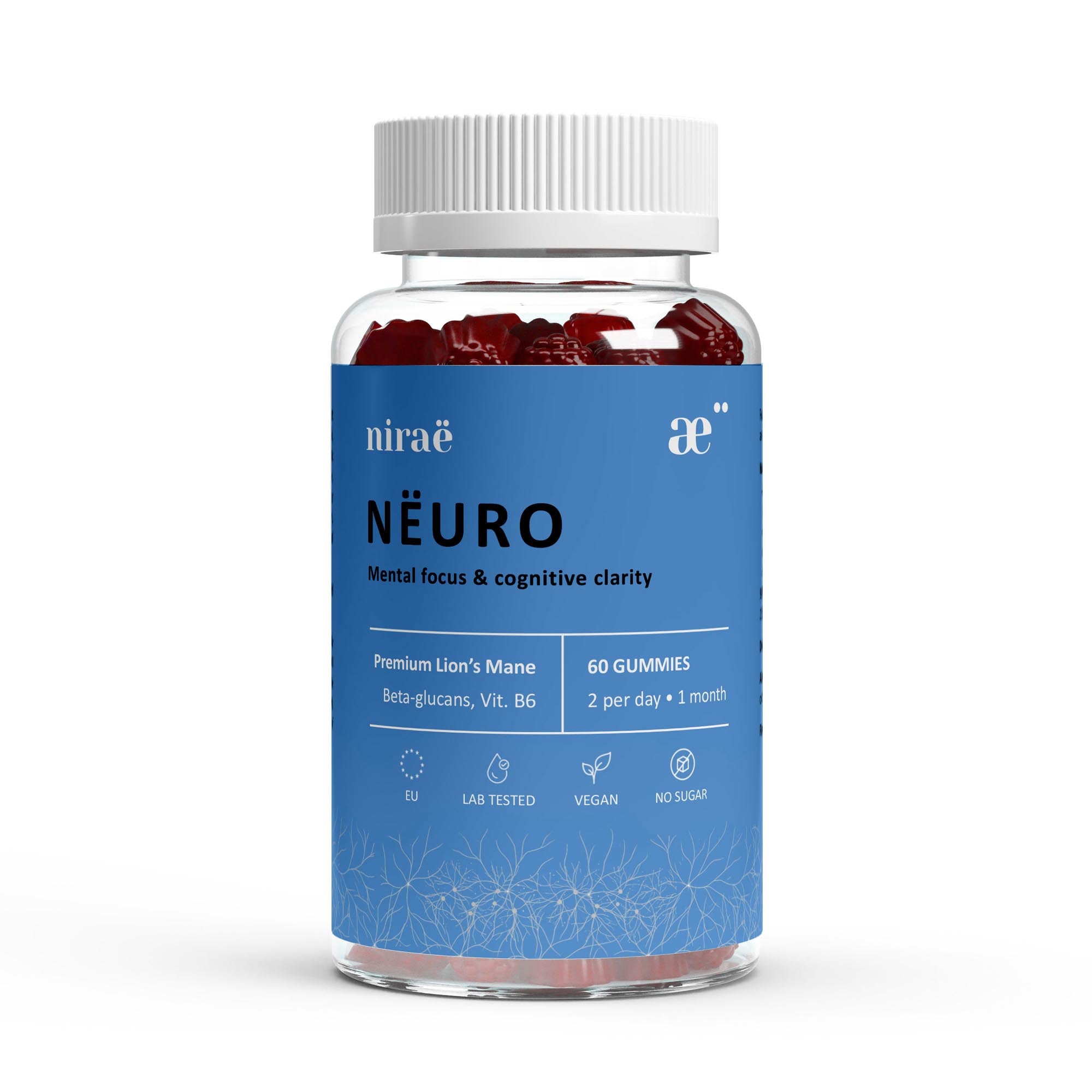 Nirae Wellness Lab, Neuro supplement gummies, Mental focus and cognitive clarity, Lion's Mane and Vitamin B6. European premium vegan & natural supplements, Science-Proven, Nature-Rooted, Lab-Crafted, crafted with science & nature.