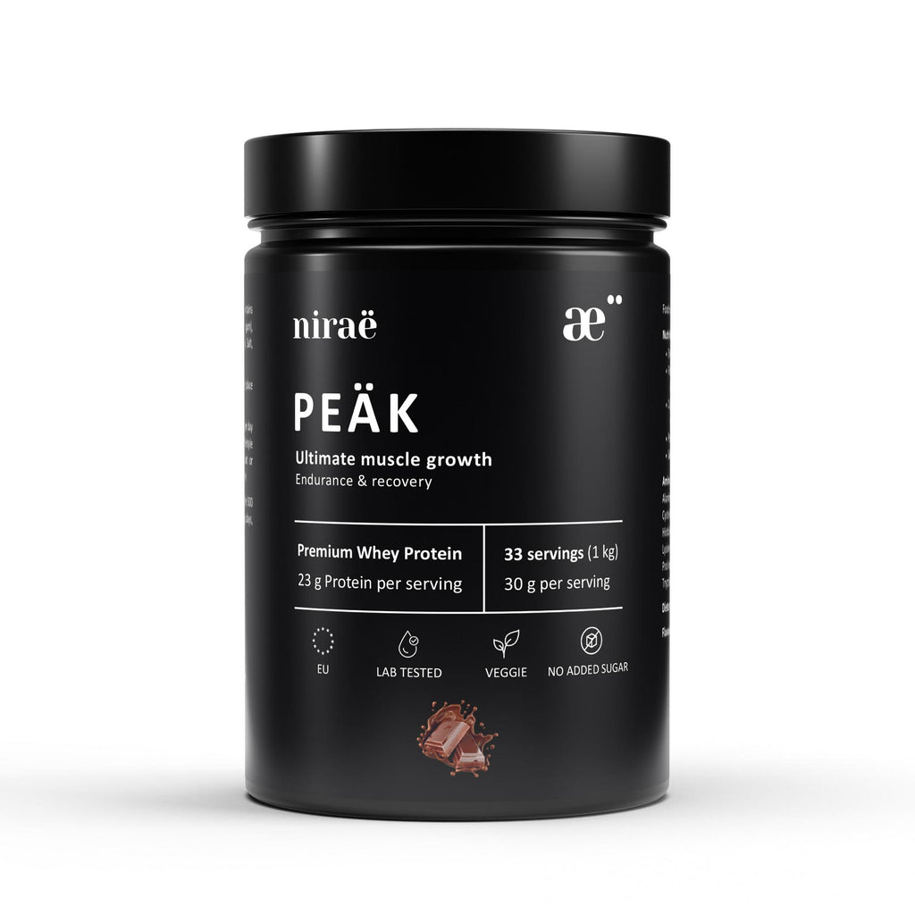 Nirae Wellness Lab, Peak supplement powder, Ultimate muscle growth endurance and recovery, whey protein. European premium vegan & natural supplements, Science-Proven, Nature-Rooted, Lab-Crafted, crafted with science & nature.