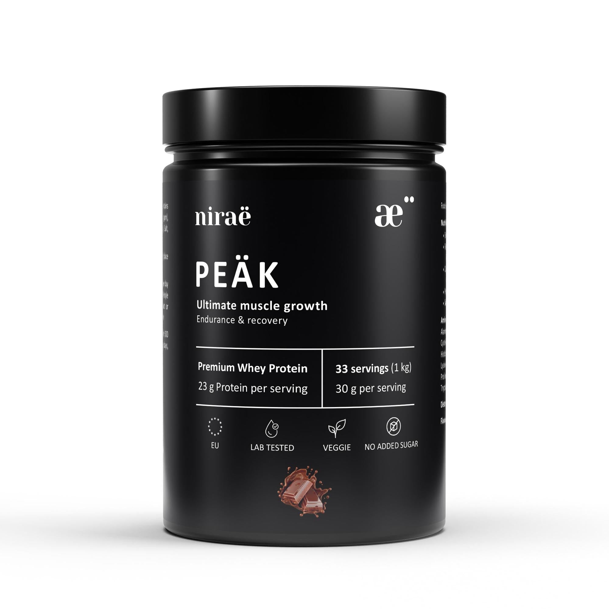 Nirae Wellness Lab, Peak supplement powder, Ultimate muscle growth endurance and recovery, whey protein. European premium vegan & natural supplements, Science-Proven, Nature-Rooted, Lab-Crafted, crafted with science & nature.