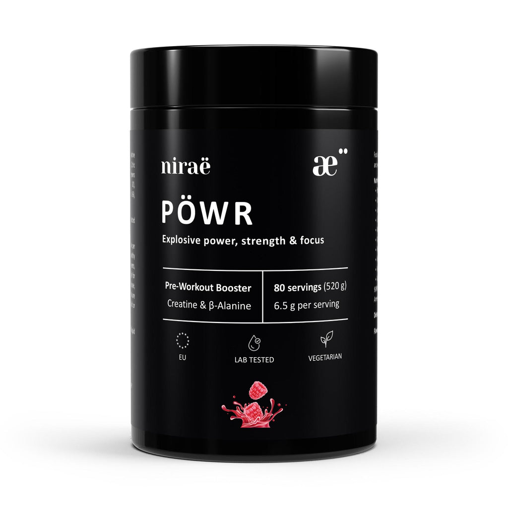 Nirae Wellness Lab, Powr supplement powder, Explosive power strength and focus, Creatine, Caffeine, Amino Acids. European premium vegan & natural supplements, Science-Proven, Nature-Rooted, Lab-Crafted, crafted with science & nature.