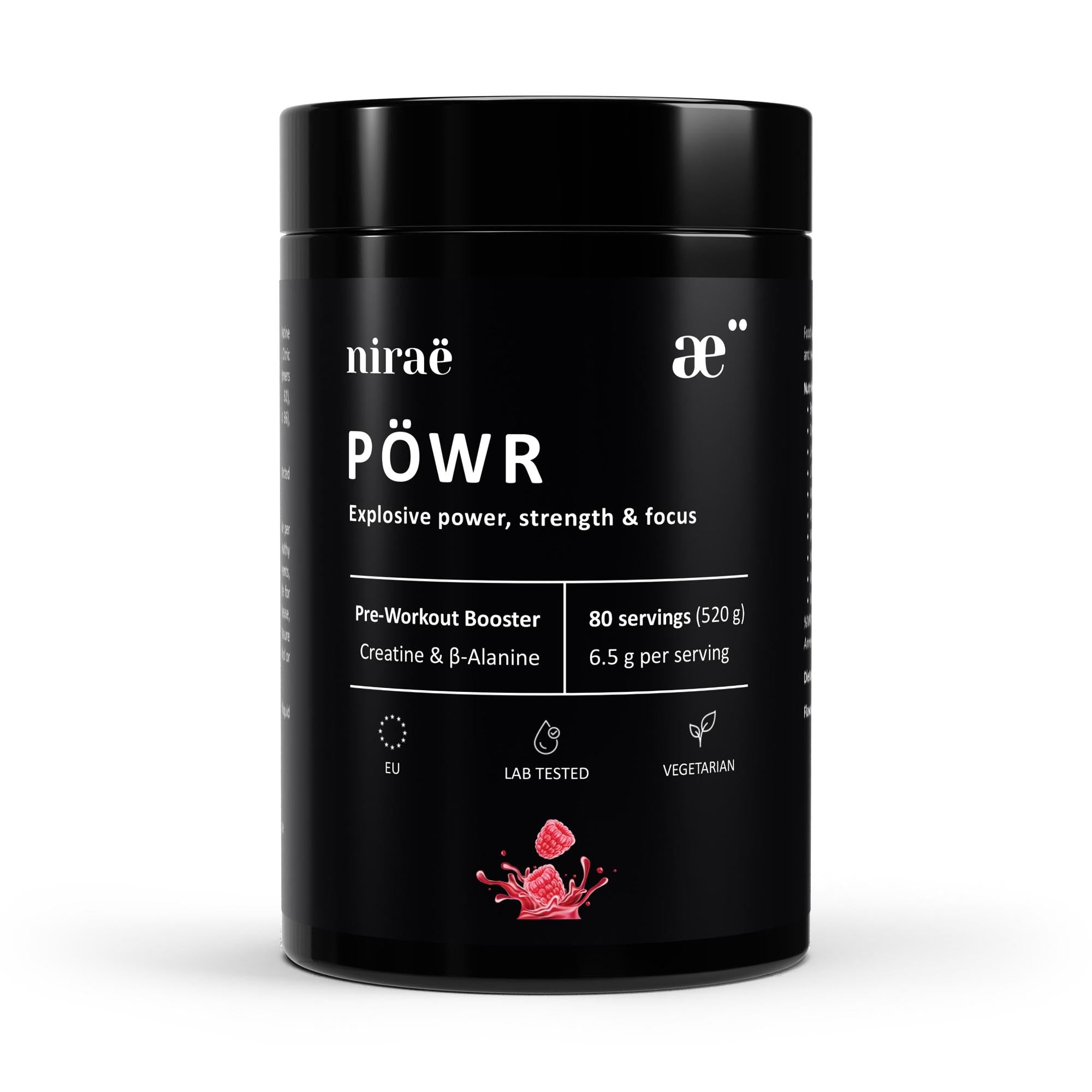 Nirae Wellness Lab, Powr supplement powder, Explosive power strength and focus, Creatine, Caffeine, Amino Acids. European premium vegan & natural supplements, Science-Proven, Nature-Rooted, Lab-Crafted, crafted with science & nature.