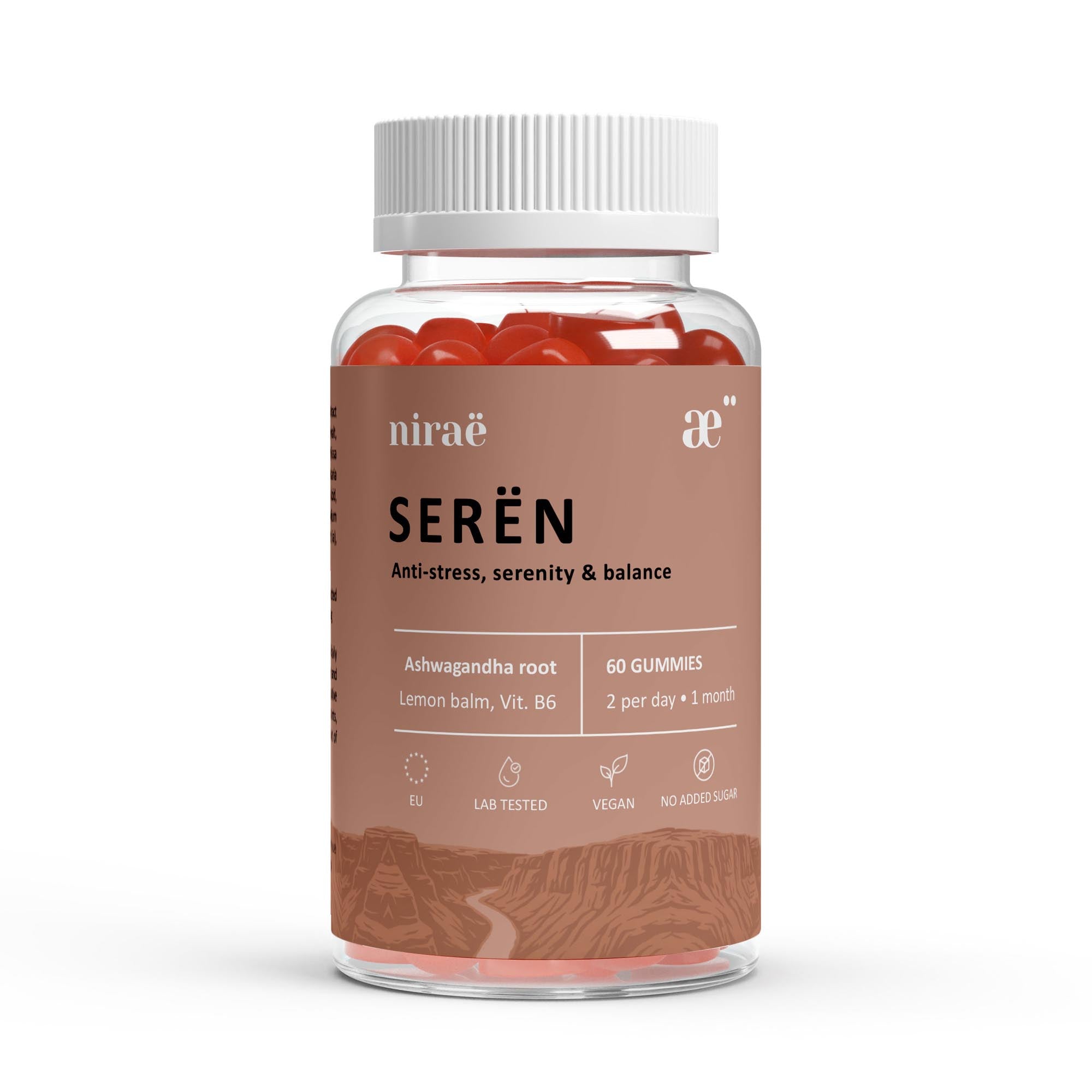 Nirae Wellness Lab, Seren supplement gummies, Anti-stress, serenity and balance, Ashwagandha Lemon Balm Chamomile Lavender Vitamin B6. European premium vegan & natural supplements, Science-Proven, Nature-Rooted, Lab-Crafted, crafted with science & nature.
