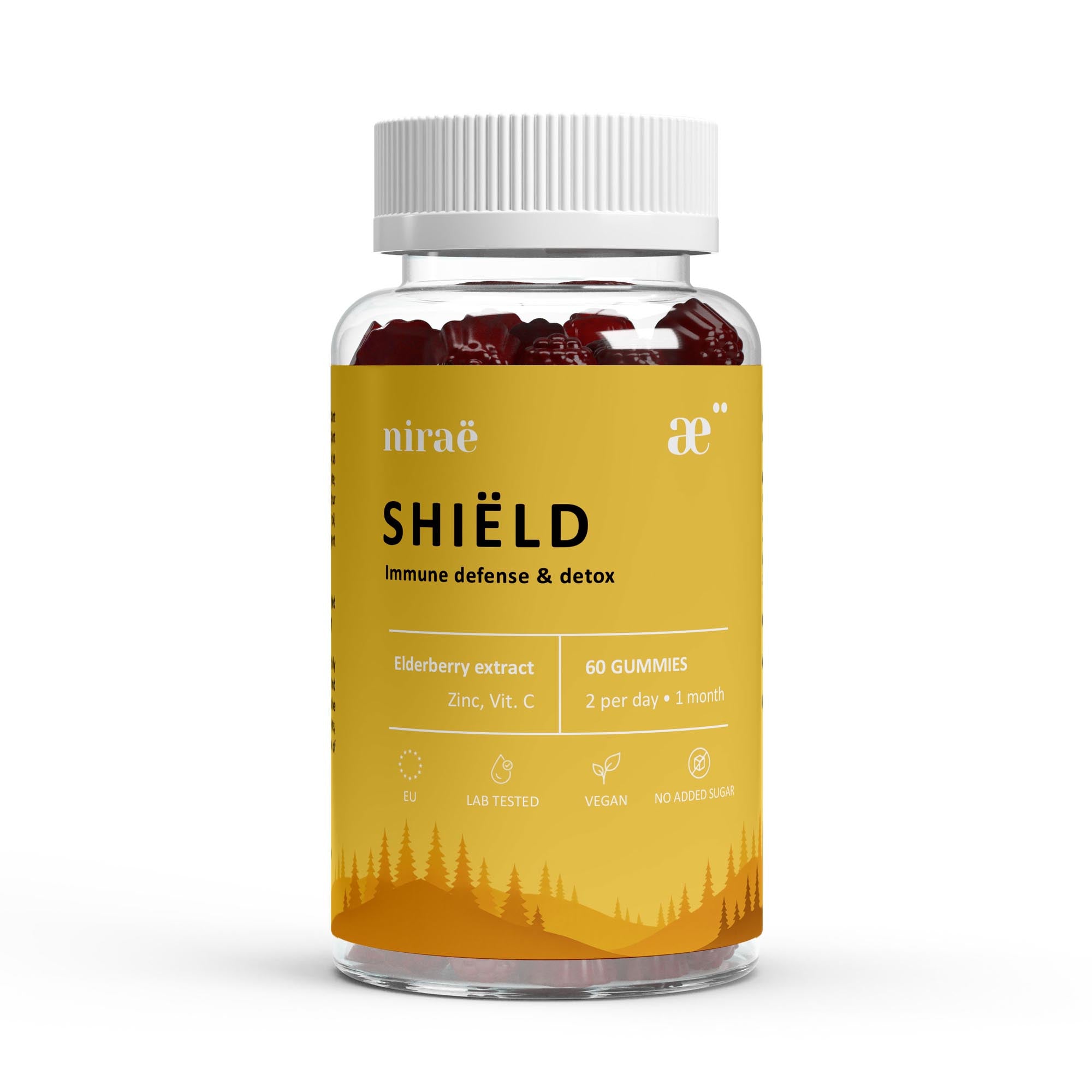 Nirae Wellness Lab, Shield supplement gummies, Immune defense, immunity and detox, Elderberry Zinc Vitamin C. European premium vegan & natural supplements, Science-Proven, Nature-Rooted, Lab-Crafted, crafted with science & nature.