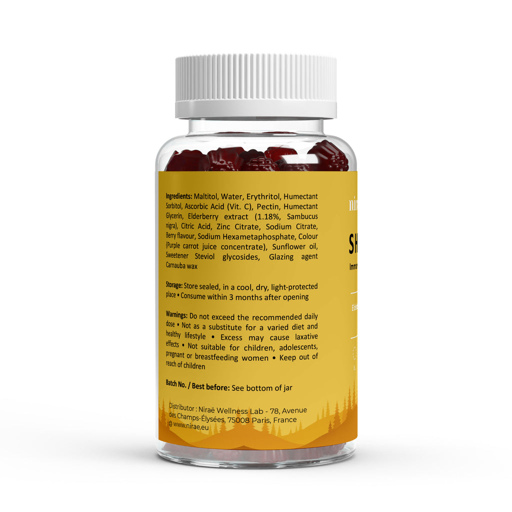 Nirae Wellness Lab, Shield supplement gummies, Immune defense, immunity and detox, Elderberry Zinc Vitamin C. European premium vegan & natural supplements, Science-Proven, Nature-Rooted, Lab-Crafted, crafted with science & nature.