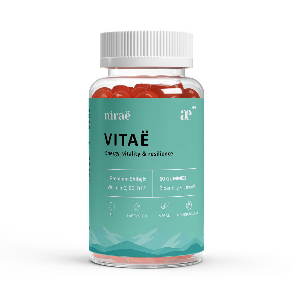 Nirae Wellness Lab, Vitae supplement gummies, Energy vitality and resilience, Shilajit and Vitamins C B6 B12. European premium vegan & natural supplements, Science-Proven, Nature-Rooted, Lab-Crafted, crafted with science & nature.
