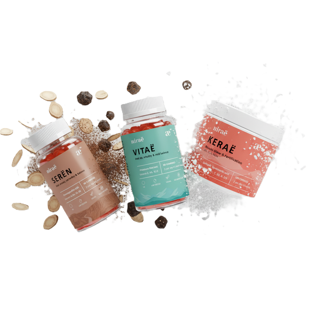 Nirae Wellness Lab, European premium vegan & natural supplements, Pure Natural Actives, Science-Proven, Nature-Rooted, Lab-Crafted, crafted with science & nature.