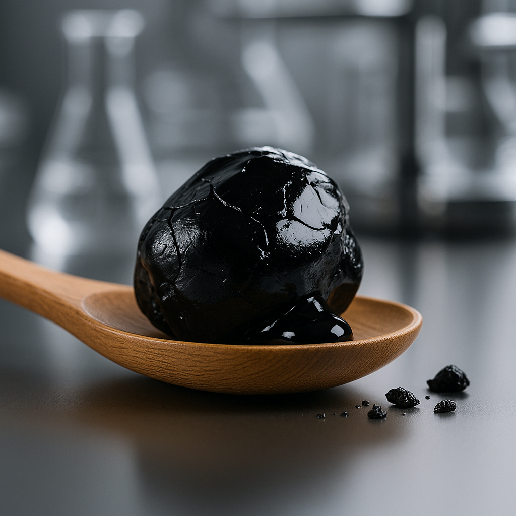 Nirae Wellness Lab, Shilajit mineral in spoon, Laboratory context, Vitae Ingredient and active, scientific benefits for energy, vitality, stamina, and resilience. European premium vegan & natural supplements, Science-Proven, Nature-Rooted, Lab-Crafted, crafted with science & nature.