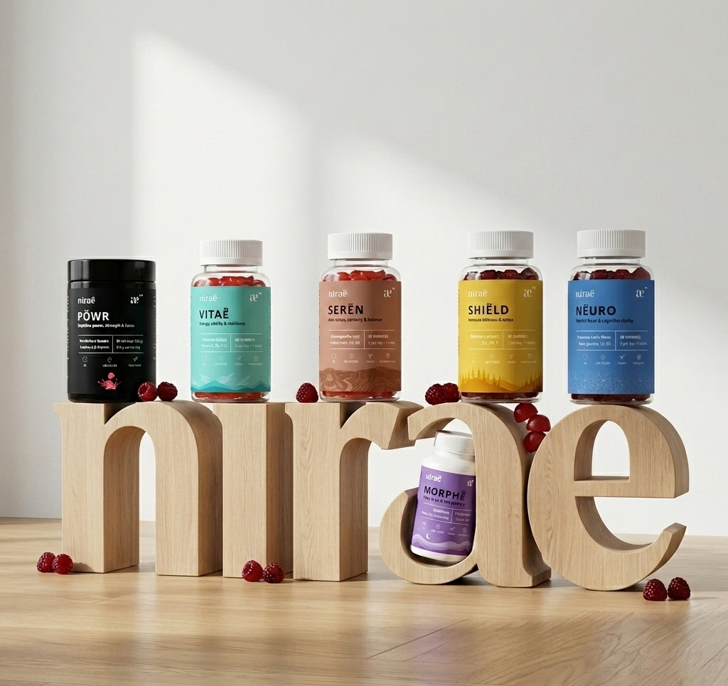 Nirae Wellness Lab, cover photo for site banner with wood logo and products. French premium vegan & natural supplements, Science-Proven, Nature-Rooted, Lab-Crafted, crafted with science & nature.