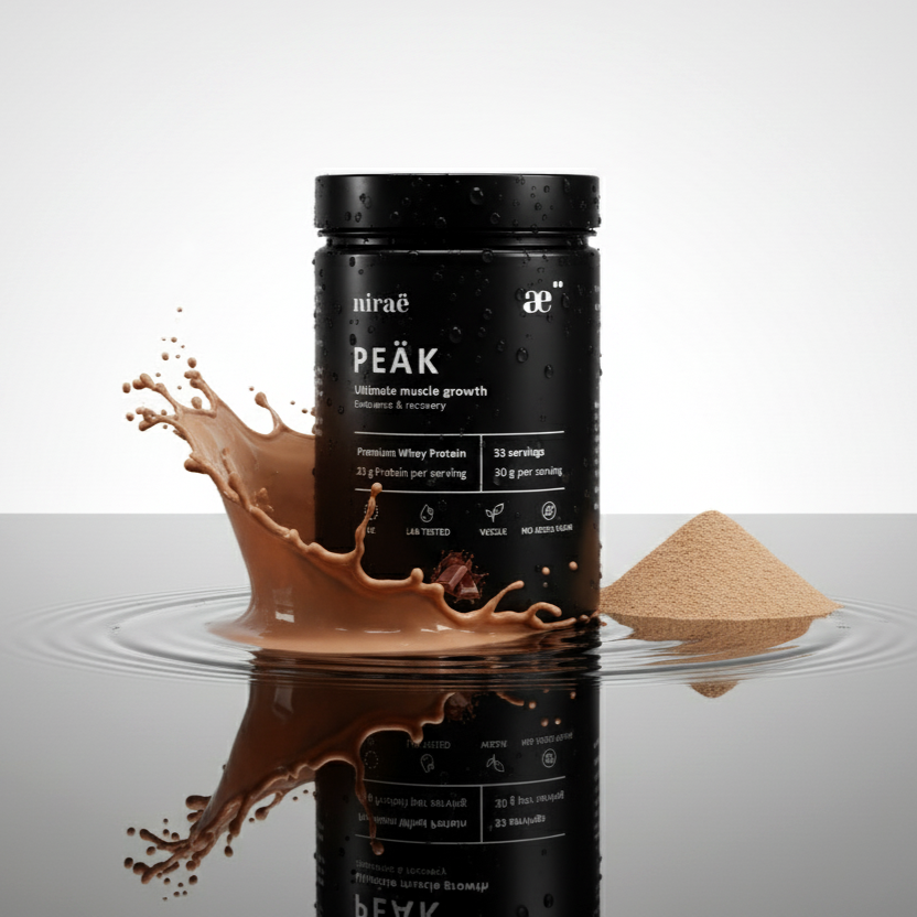 Nirae Wellness Lab, Peak supplement powder, Ultimate muscle growth endurance and recovery, whey protein. European premium vegan & natural supplements, Science-Proven, Nature-Rooted, Lab-Crafted, crafted with science & nature.