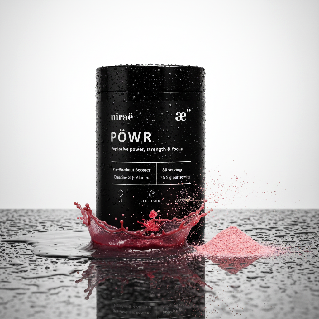 Nirae Wellness Lab, Powr supplement powder, Explosive power strength and focus, Creatine, Caffeine, Amino Acids. European premium vegan & natural supplements, Science-Proven, Nature-Rooted, Lab-Crafted, crafted with science & nature.