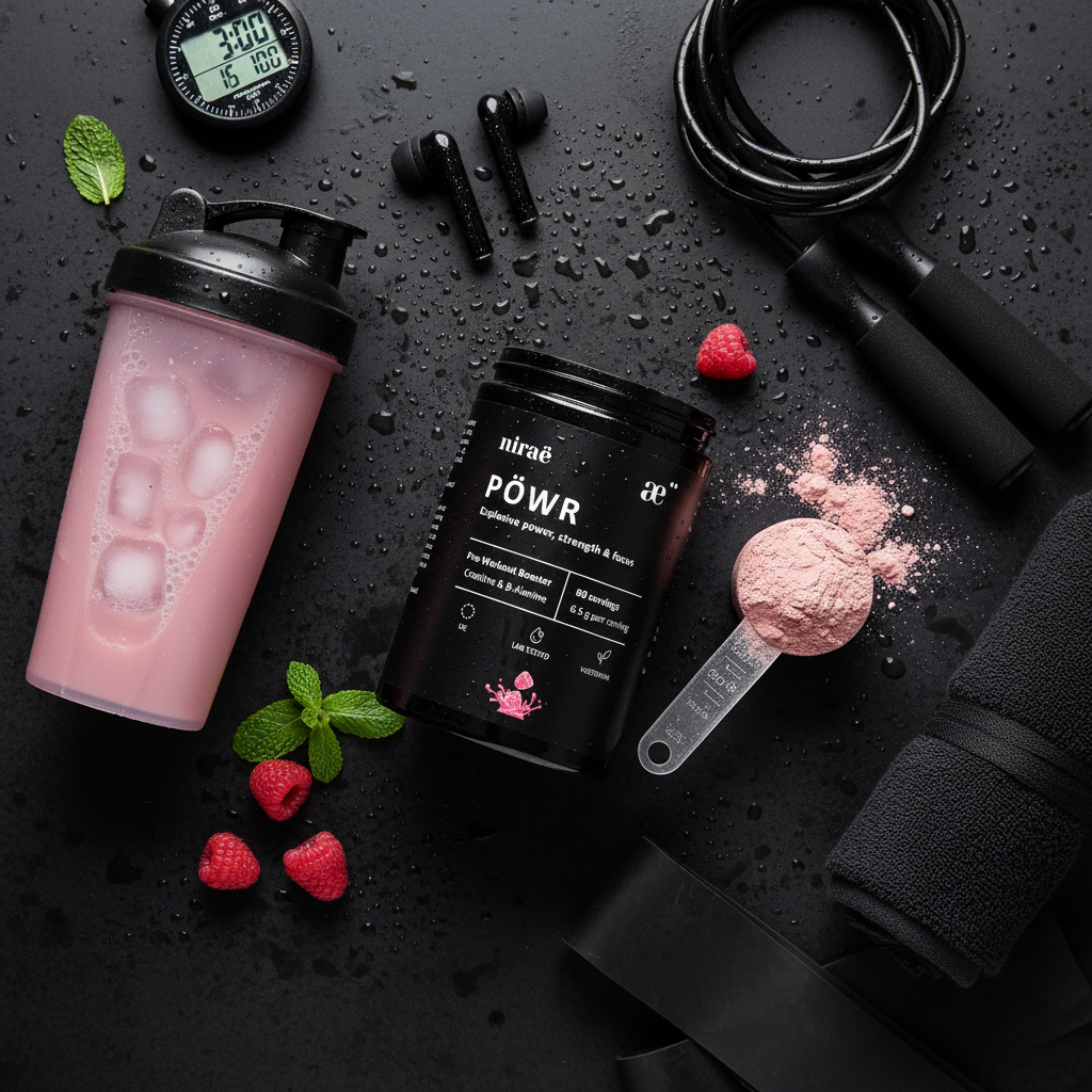 Nirae Wellness Lab, Powr supplement powder, Explosive power strength and focus, Creatine, Caffeine, Amino Acids. European premium vegan & natural supplements, Science-Proven, Nature-Rooted, Lab-Crafted, crafted with science & nature.