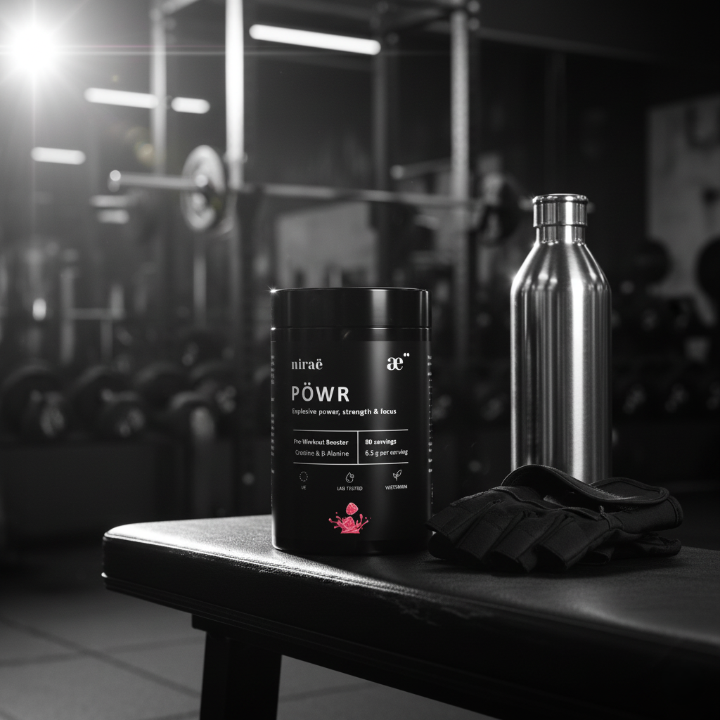 Nirae Wellness Lab, Powr supplement powder, Explosive power strength and focus, Creatine, Caffeine, Amino Acids. European premium vegan & natural supplements, Science-Proven, Nature-Rooted, Lab-Crafted, crafted with science & nature.
