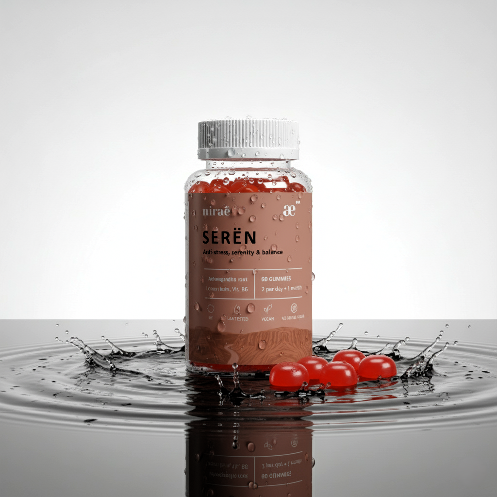 Nirae Wellness Lab, Seren supplement gummies, Anti-stress, serenity and balance, Ashwagandha Lemon Balm Chamomile Lavender Vitamin B6. European premium vegan & natural supplements, Science-Proven, Nature-Rooted, Lab-Crafted, crafted with science & nature.