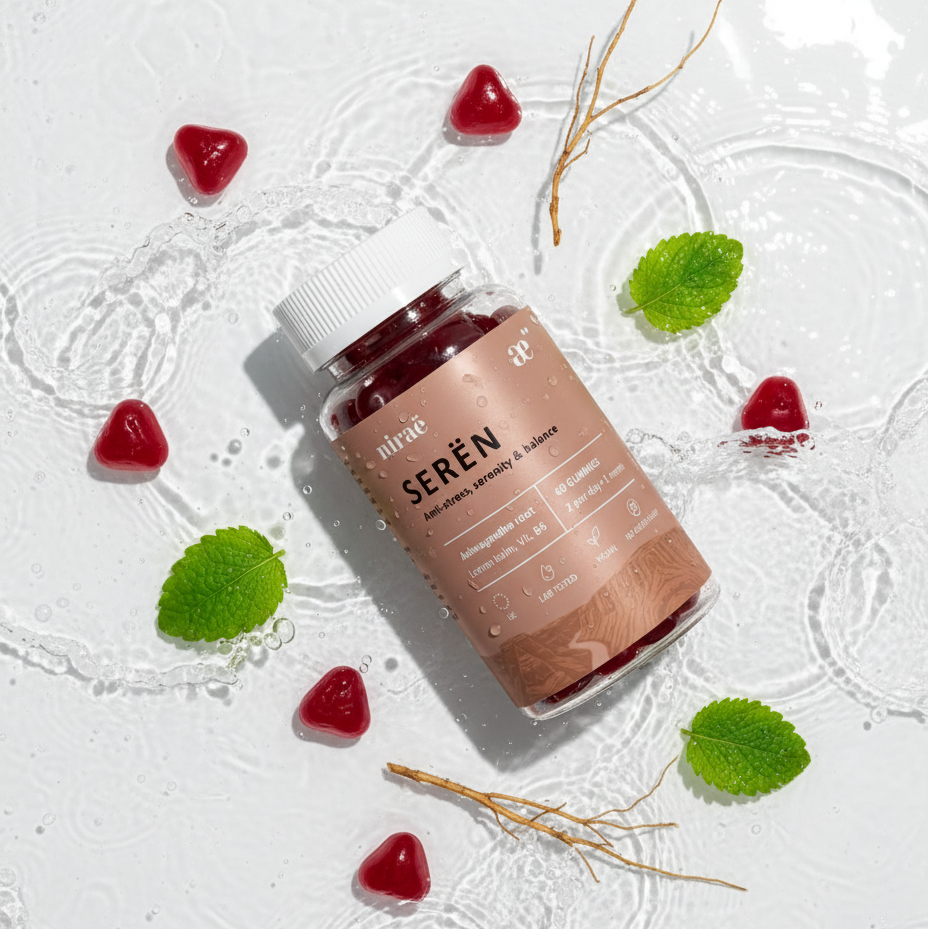 Nirae Wellness Lab, Seren supplement gummies, Anti-stress, serenity and balance, Ashwagandha Lemon Balm Chamomile Lavender Vitamin B6. European premium vegan & natural supplements, Science-Proven, Nature-Rooted, Lab-Crafted, crafted with science & nature.