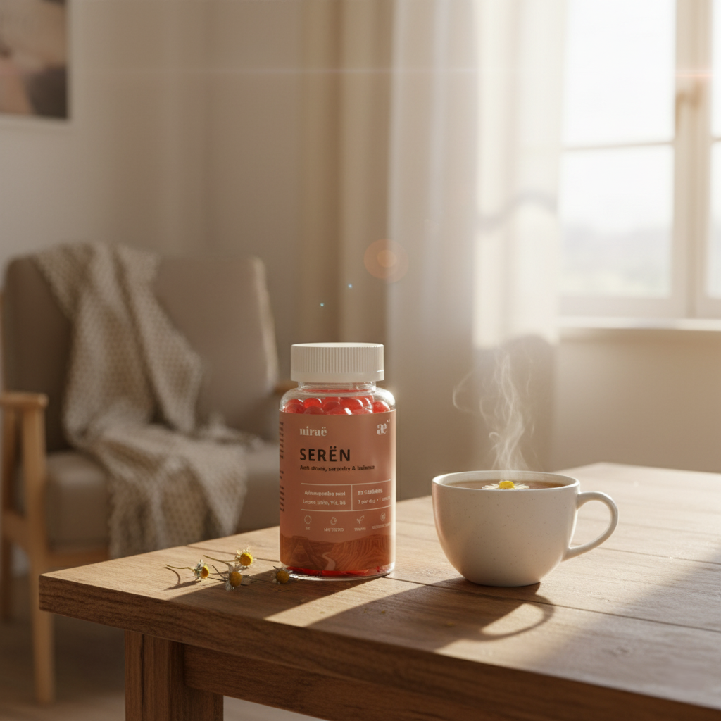 Nirae Wellness Lab, Seren supplement gummies, Anti-stress, serenity and balance, Ashwagandha Lemon Balm Chamomile Lavender Vitamin B6. European premium vegan & natural supplements, Science-Proven, Nature-Rooted, Lab-Crafted, crafted with science & nature.