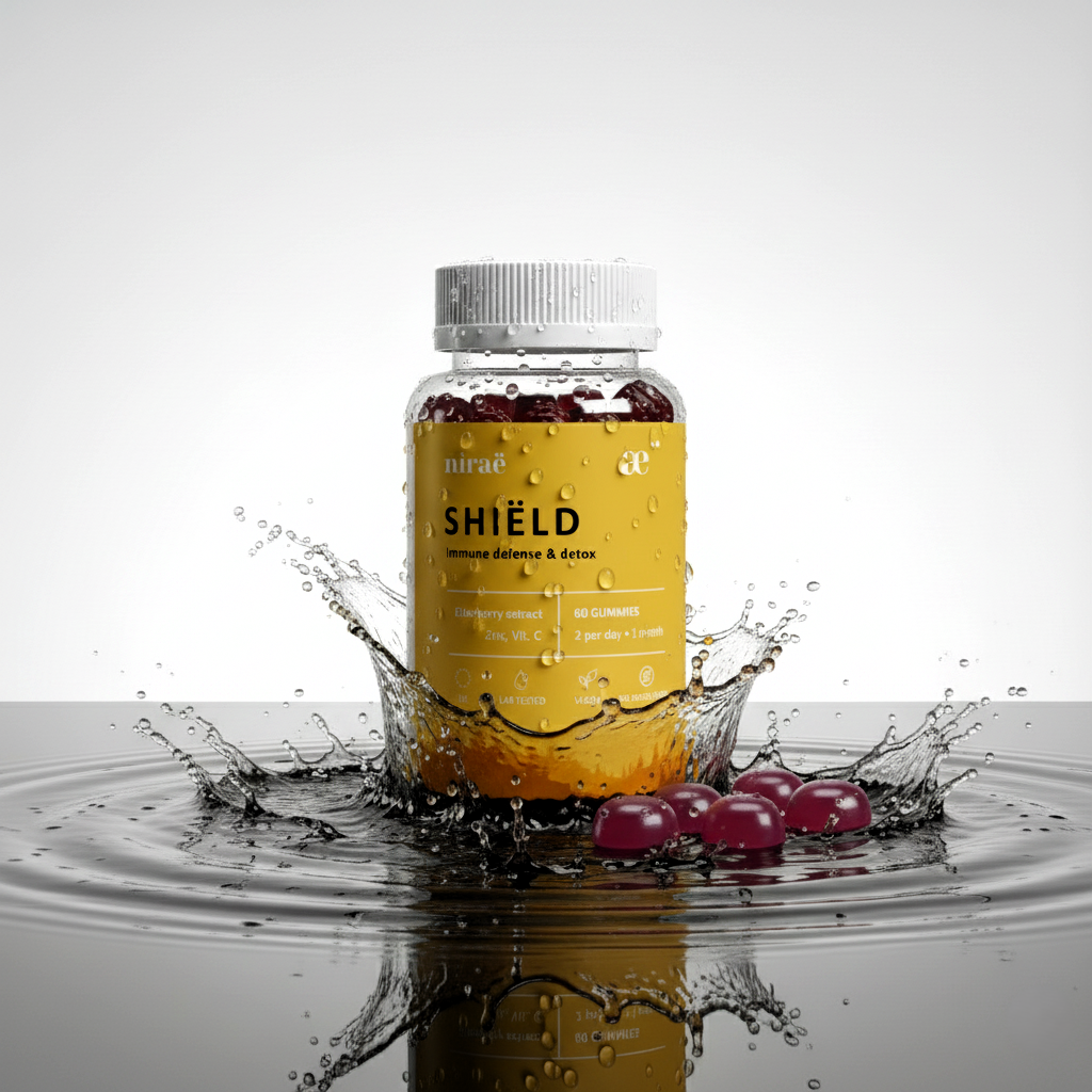 Nirae Wellness Lab, Shield supplement gummies, Immune defense, immunity and detox, Elderberry Zinc Vitamin C. European premium vegan & natural supplements, Science-Proven, Nature-Rooted, Lab-Crafted, crafted with science & nature.
