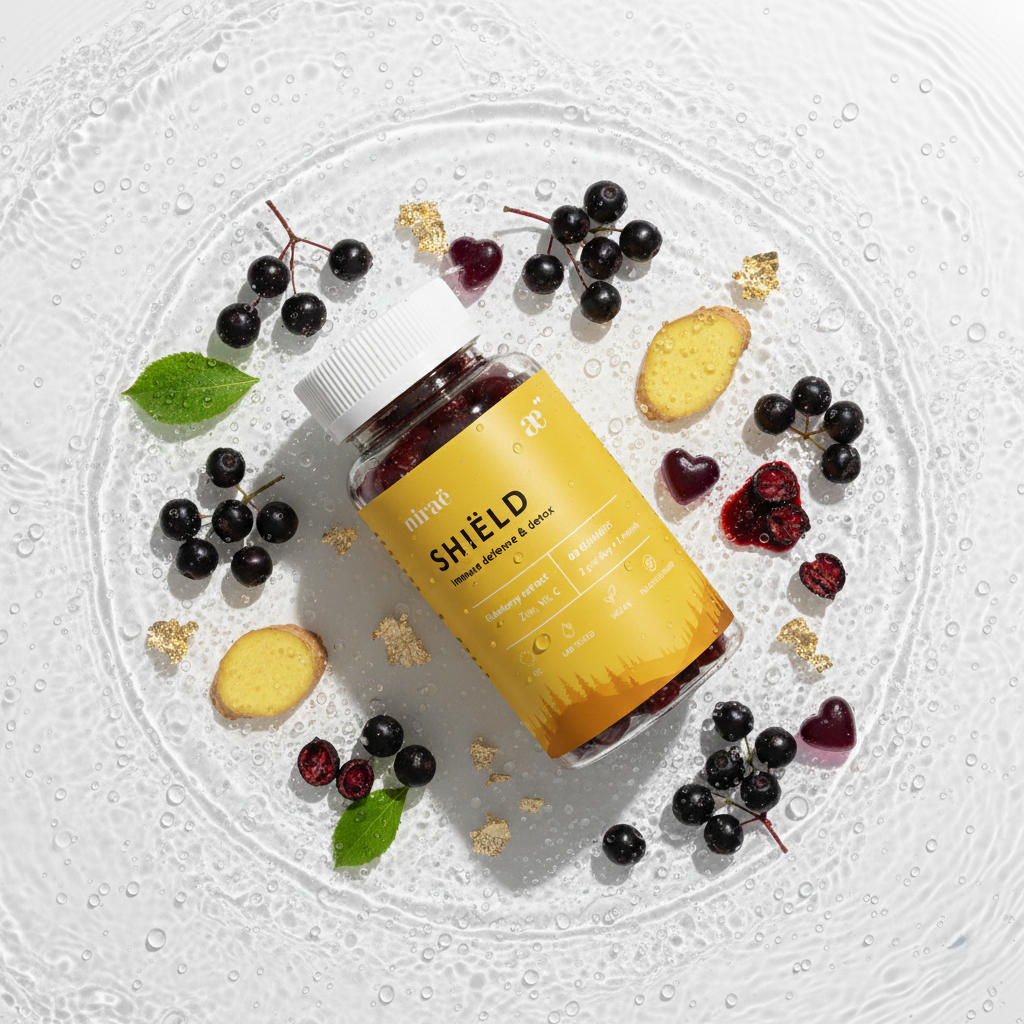 Nirae Wellness Lab, Shield supplement gummies, Immune defense, immunity and detox, Elderberry Zinc Vitamin C. European premium vegan & natural supplements, Science-Proven, Nature-Rooted, Lab-Crafted, crafted with science & nature.
