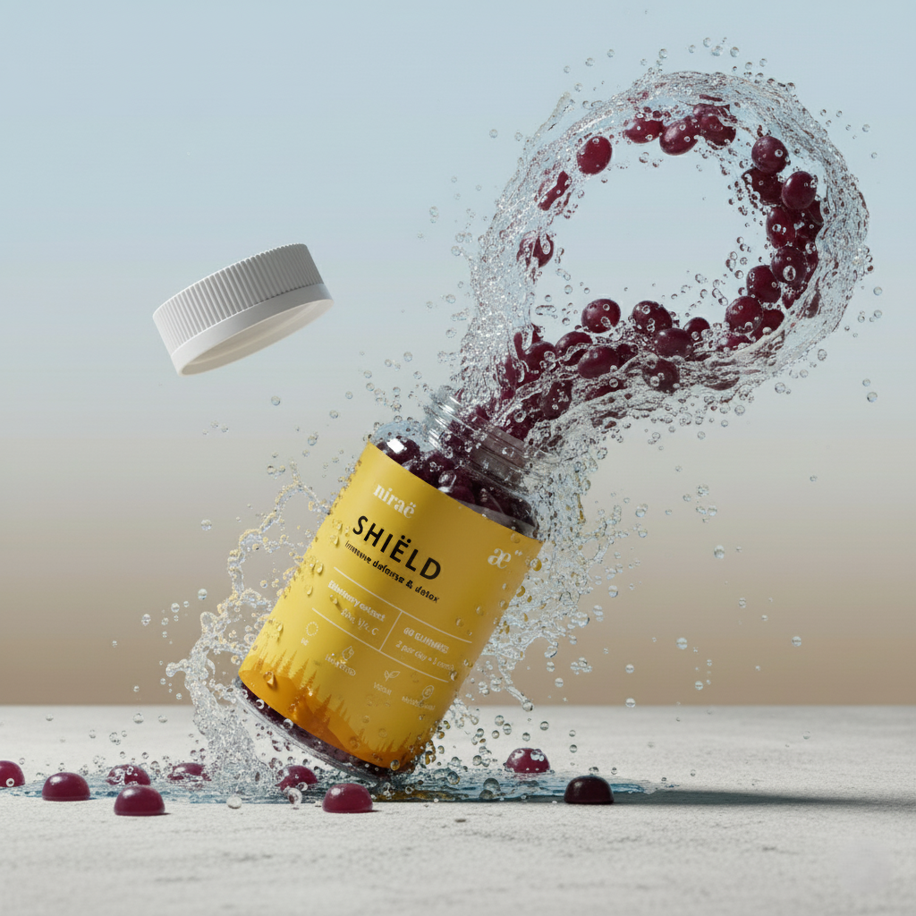 Nirae Wellness Lab, Shield supplement gummies, Immune defense, immunity and detox, Elderberry Zinc Vitamin C. European premium vegan & natural supplements, Science-Proven, Nature-Rooted, Lab-Crafted, crafted with science & nature.