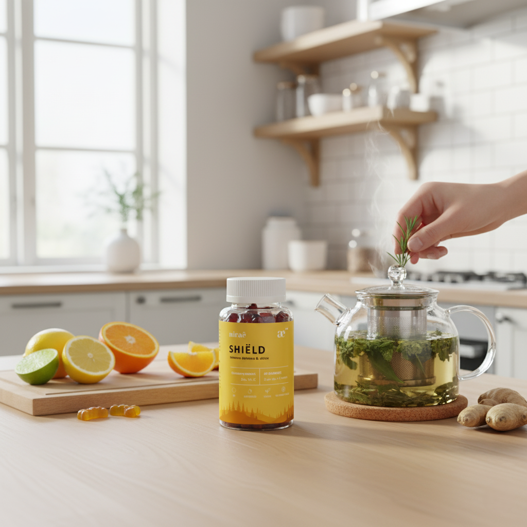 Nirae Wellness Lab, Shield supplement gummies, Immune defense, immunity and detox, Elderberry Zinc Vitamin C. European premium vegan & natural supplements, Science-Proven, Nature-Rooted, Lab-Crafted, crafted with science & nature.