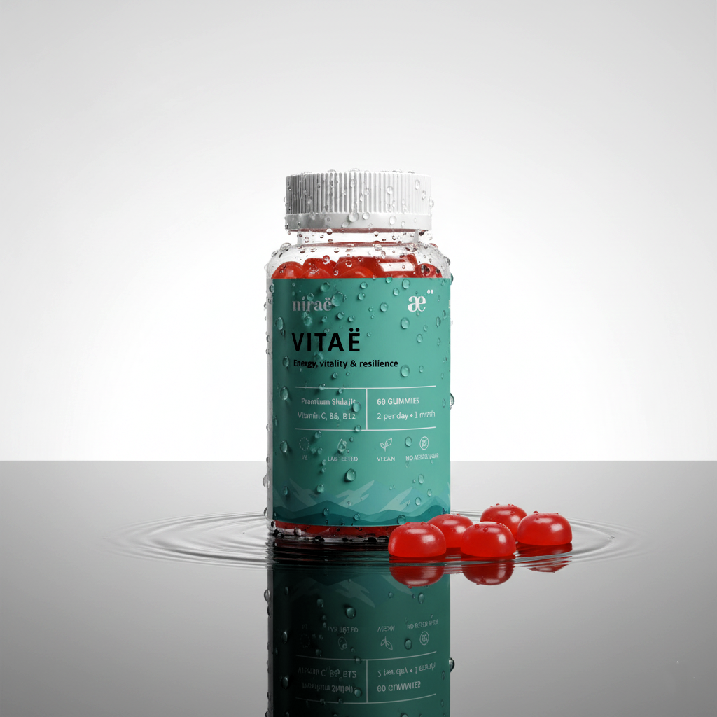 Nirae Wellness Lab, Vitae supplement gummies, Energy vitality and resilience, Shilajit and Vitamins C B6 B12. European premium vegan & natural supplements, Science-Proven, Nature-Rooted, Lab-Crafted, crafted with science & nature.