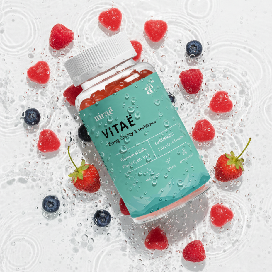 Nirae Wellness Lab, Vitae supplement gummies, Energy vitality and resilience, Shilajit and Vitamins C B6 B12. European premium vegan & natural supplements, Science-Proven, Nature-Rooted, Lab-Crafted, crafted with science & nature.