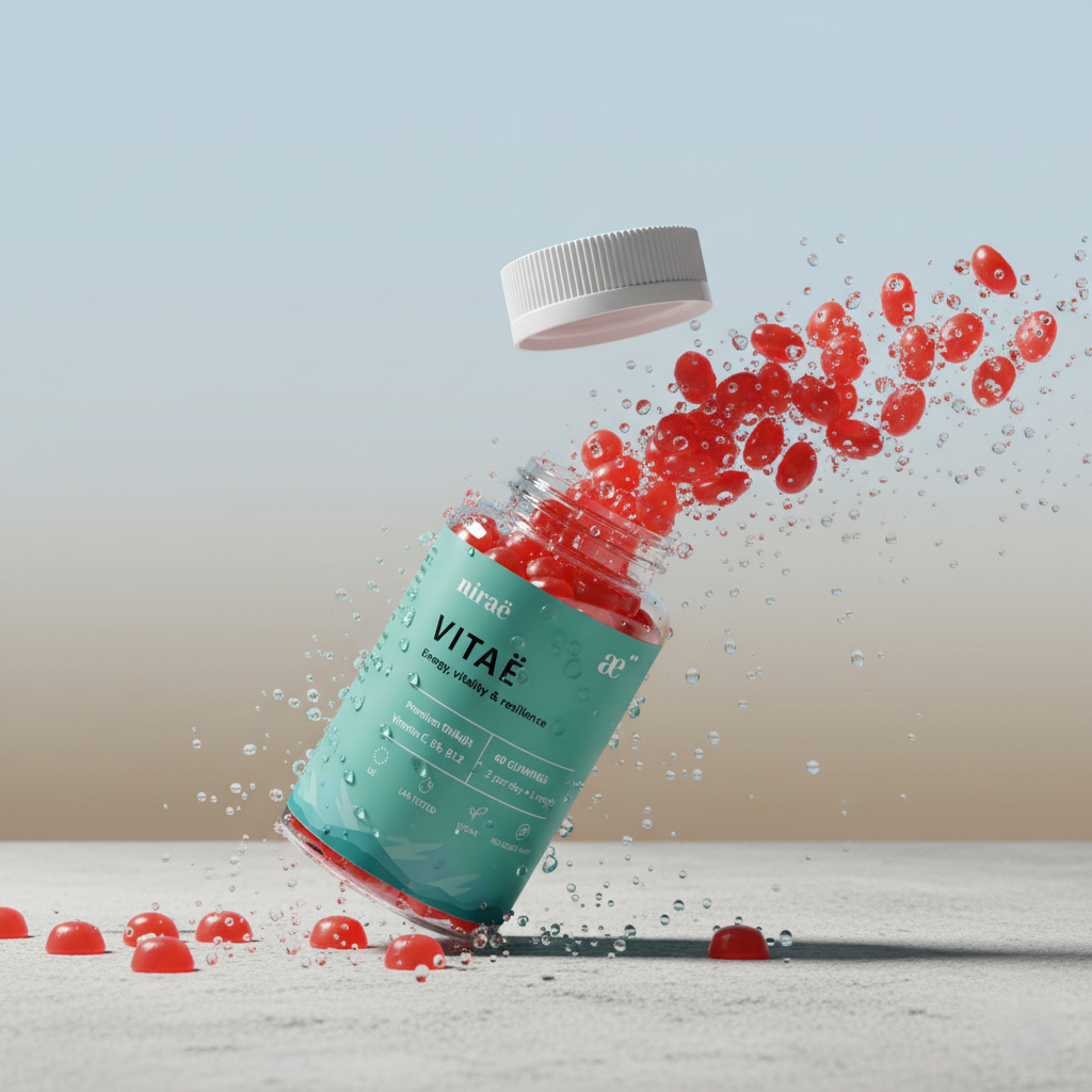 Nirae Wellness Lab, Vitae supplement gummies, Energy vitality and resilience, Shilajit and Vitamins C B6 B12. European premium vegan & natural supplements, Science-Proven, Nature-Rooted, Lab-Crafted, crafted with science & nature.