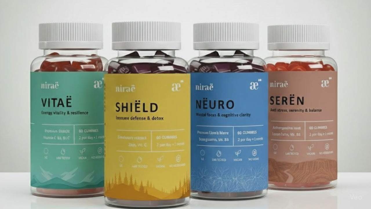 Nirae Wellness Lab, Wellness Gummies Capsules and powders Supplements, Proven Benefits, Consumer approved, European premium vegan & natural supplements, Science-Proven, Nature-Rooted, Lab-Crafted, crafted with science & nature.
